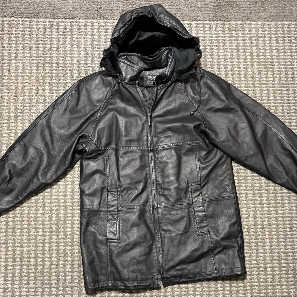 BROMLEY‎ SPORT Black Hooded Leather Jacket M